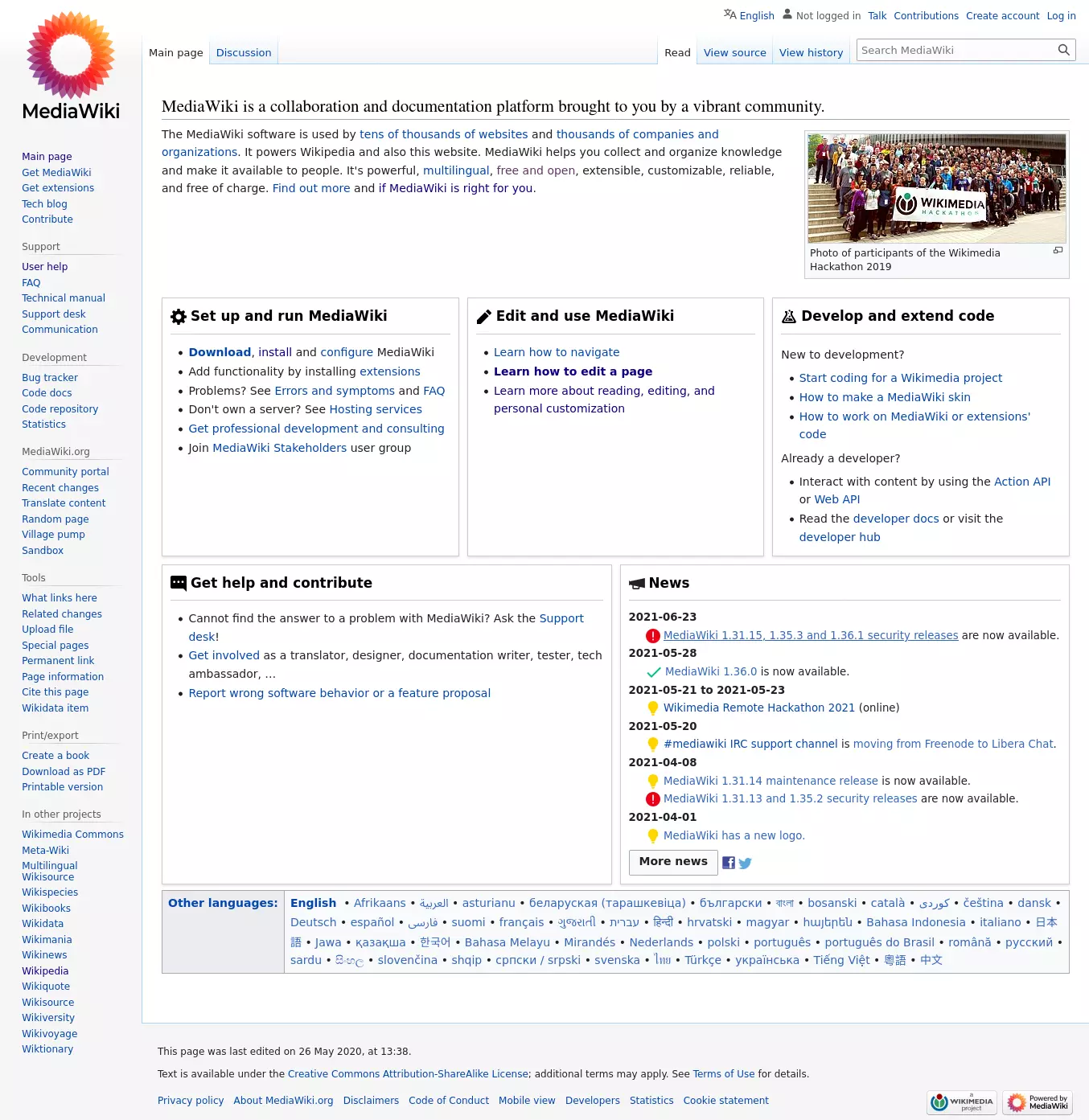 Screenshot of the MediaWiki homepage