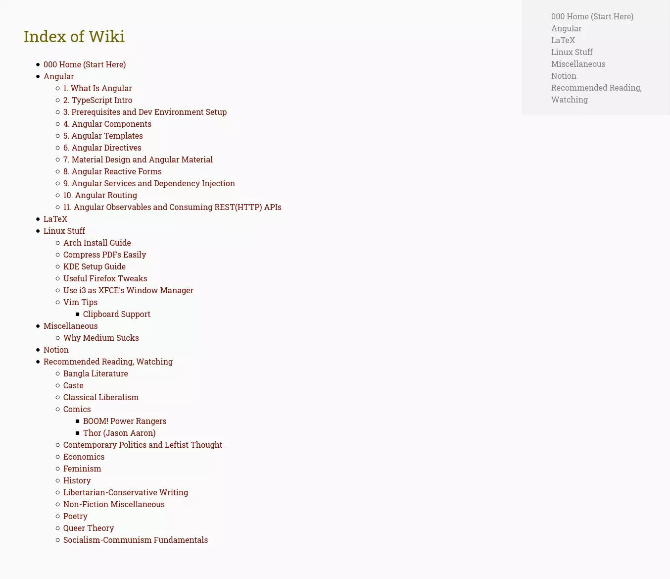 Screenshot of my wiki index.